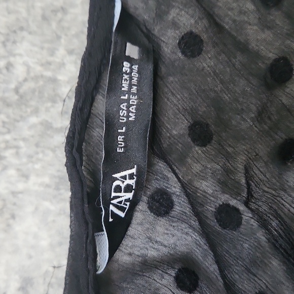 ZARA Black Ruffle Lace Trim Swiss Dot Blouse Size Large - Picture 3 of 4